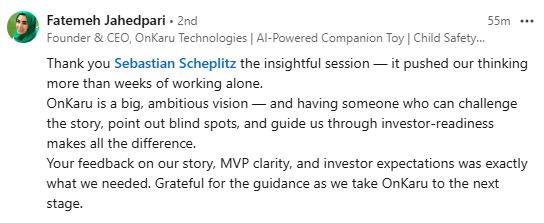 Fatemeh Jahedpari: Your feedback on our story, MVP clarity, and investor expectations was exactly what we needed.